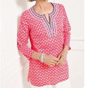 Talbots Embroidered Tunic Medallion Foulard  NWOT Azalea White XL